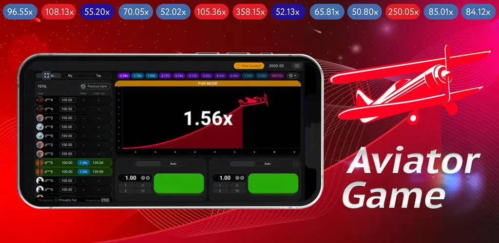 Aviator Game interface on a horizontal mobile screen showing a multiplier of 1.56x, player leaderboard statistics, and colorful multiplier history at the top, with a red plane graphic in motion