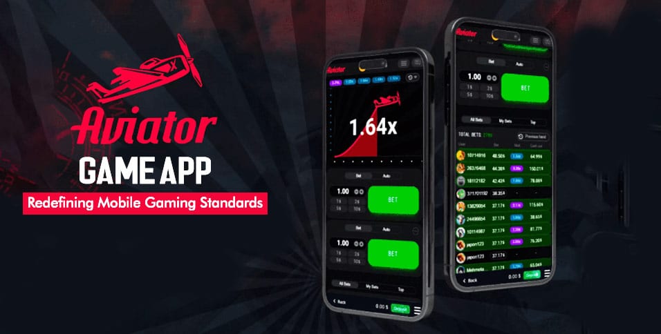 Aviator Game app displayed on two smartphones, showcasing live betting options, multipliers, and player statistics, with the tagline 'Redefining Mobile Gaming Standards.'